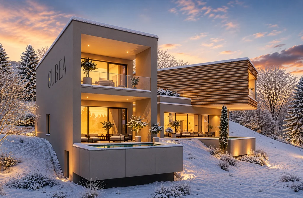 Modernes Haus mit beleuchteten Fenstern und Schnee bei Sonnenuntergang