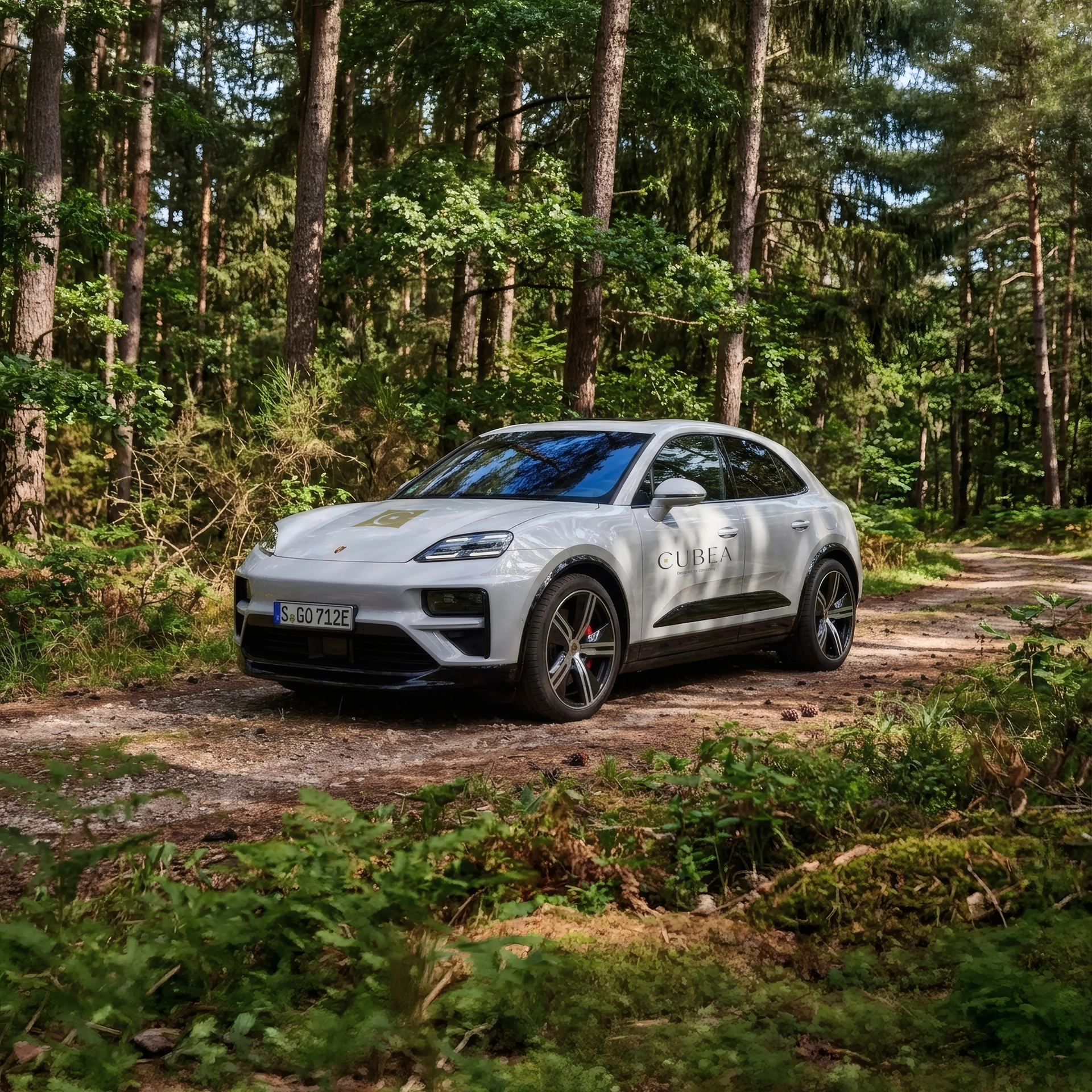 Weißer Porsche SUV steht auf Waldweg umgeben von Bäumen