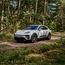 Weißer Porsche SUV steht auf Waldweg umgeben von Bäumen