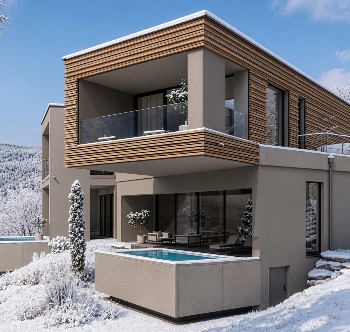 Modernes Haus mit Holzverkleidung und Pool im verschneiten Winterwald