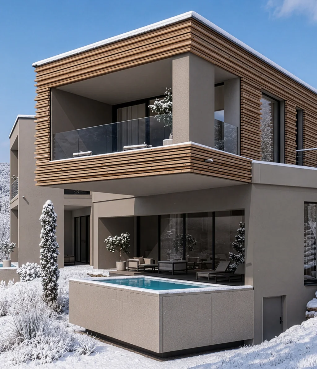 Modernes Haus mit Holzverkleidung und Pool im verschneiten Winterwald
