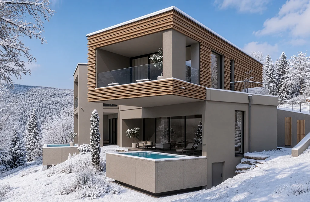 Wald 2 Modernes Haus mit Holzverkleidung und Pool im verschneiten Winterwald