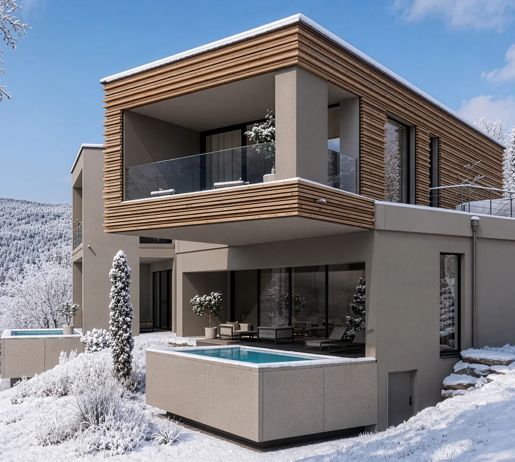 Modernes Haus mit Holzverkleidung und Pool im verschneiten Winterwald