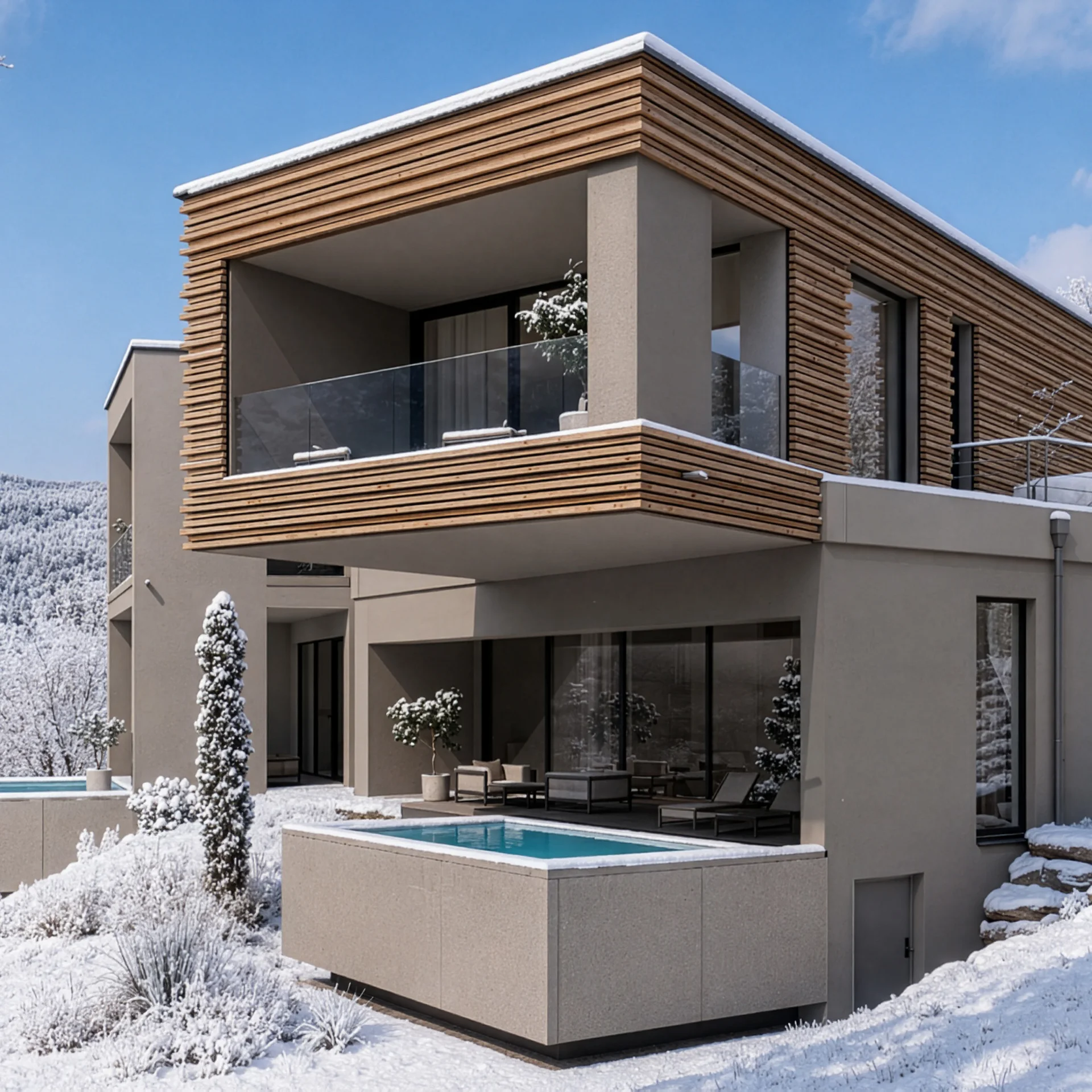 Modernes Haus mit Holzverkleidung und Pool im verschneiten Winterwald