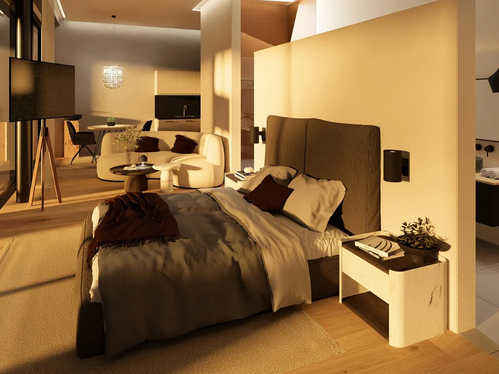 Modernes Hotelzimmer mit Doppelbett, Sitzecke und Fernseher