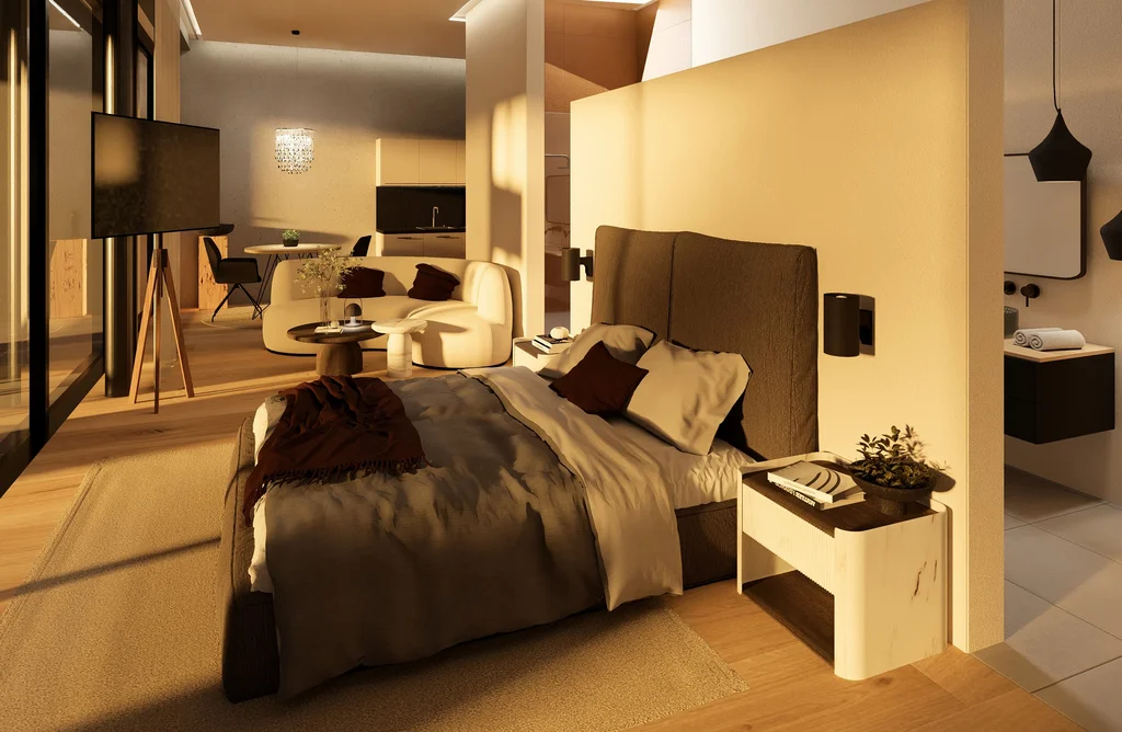 Wald 2 Modernes Hotelzimmer mit Doppelbett, Sitzecke und Fernseher