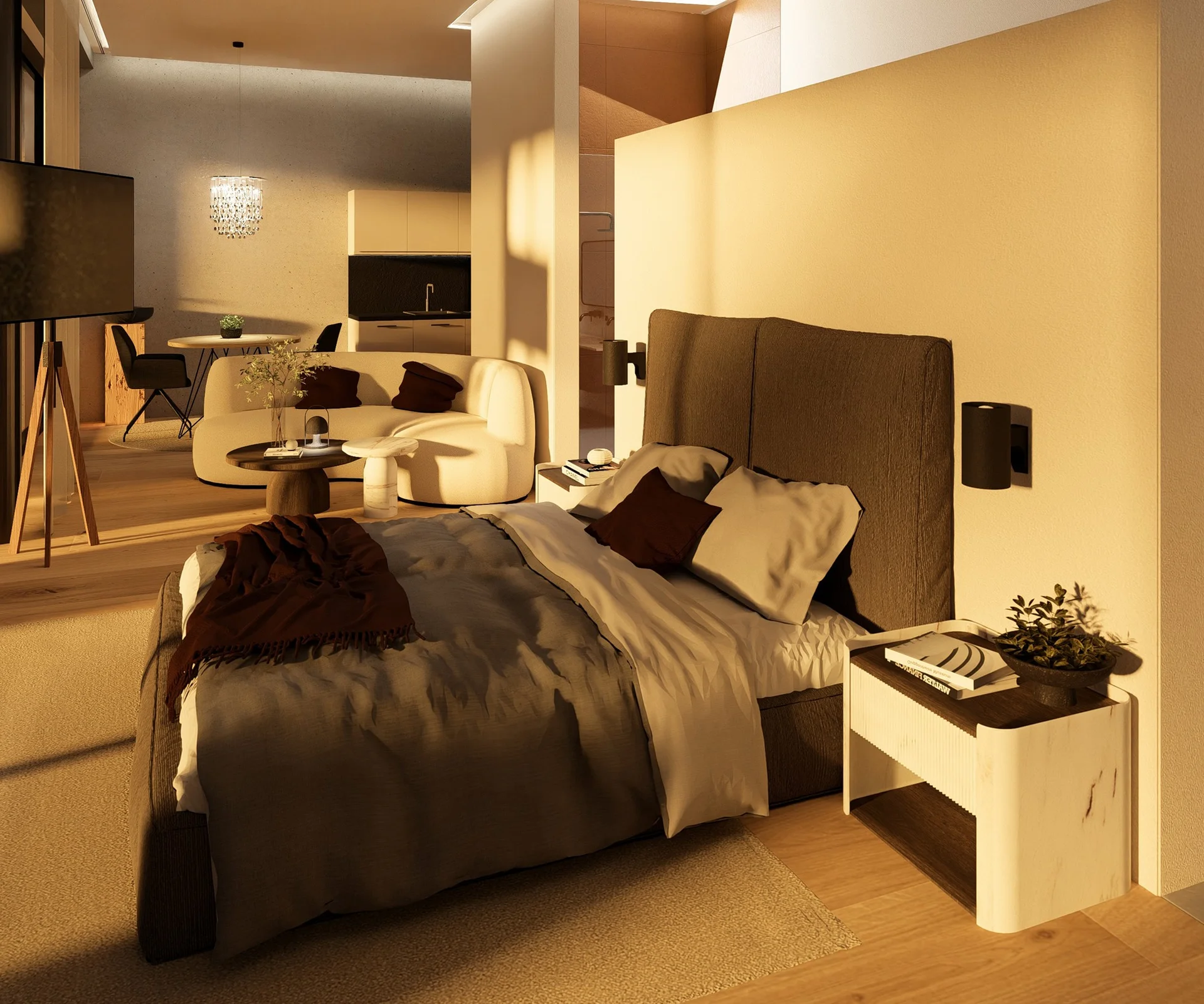 Wald 2 Modernes Hotelzimmer mit Doppelbett, Sitzecke und Fernseher