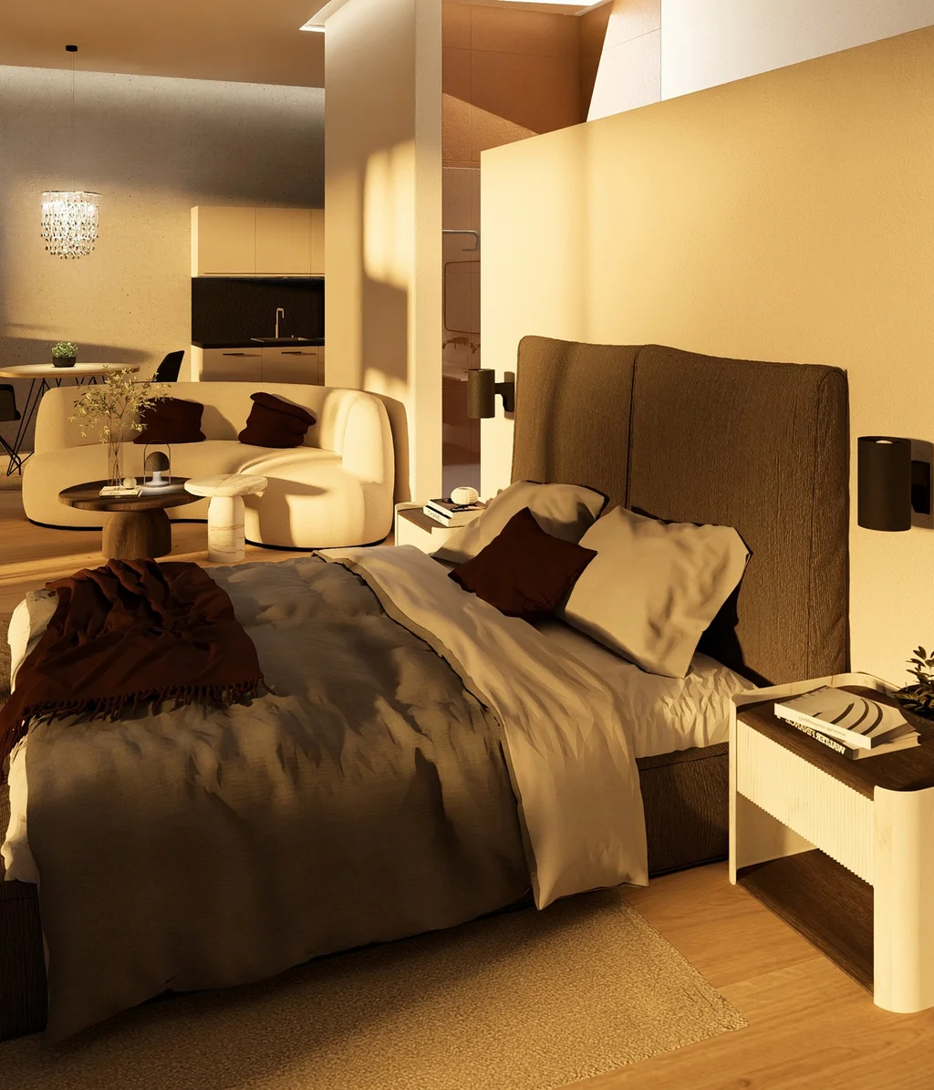 Modernes Hotelzimmer mit Doppelbett, Sitzecke und Fernseher