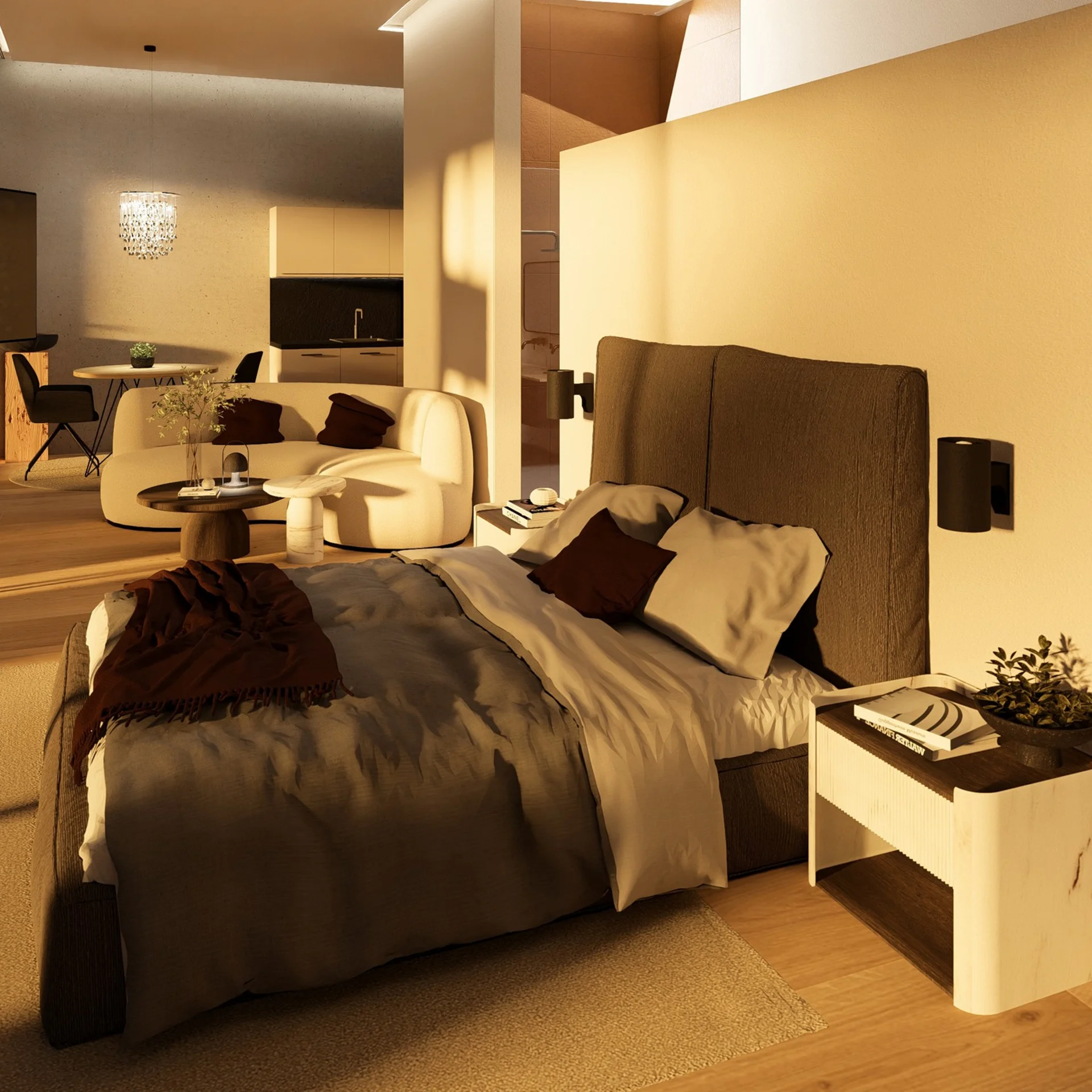 Modernes Hotelzimmer mit Doppelbett, Sitzecke und Fernseher