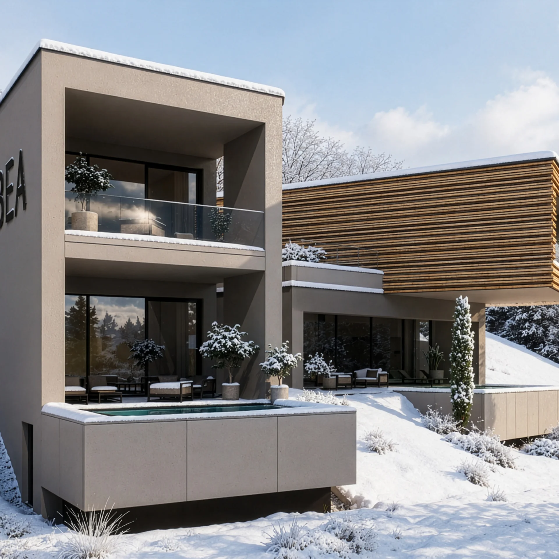 Modernes Haus mit Terrasse und Holzfassade im verschneiten Winterwald