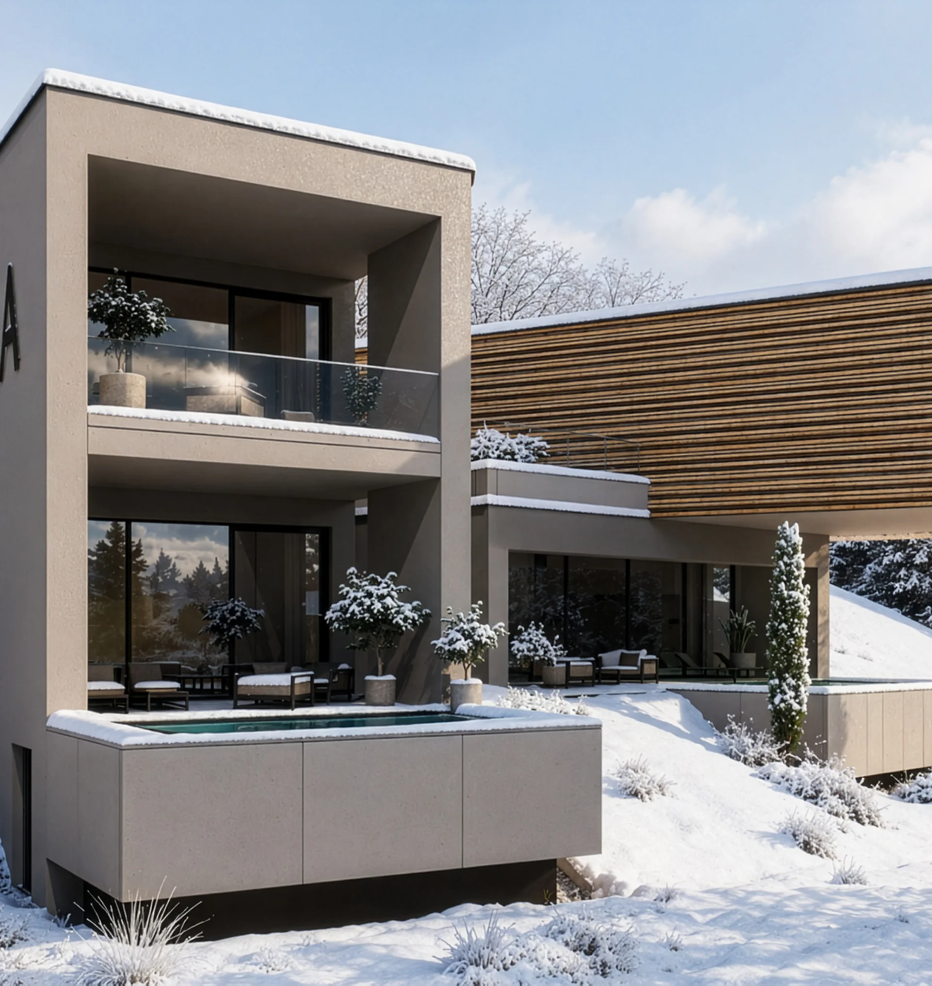 Modernes Haus mit Terrasse und Holzfassade im verschneiten Winterwald