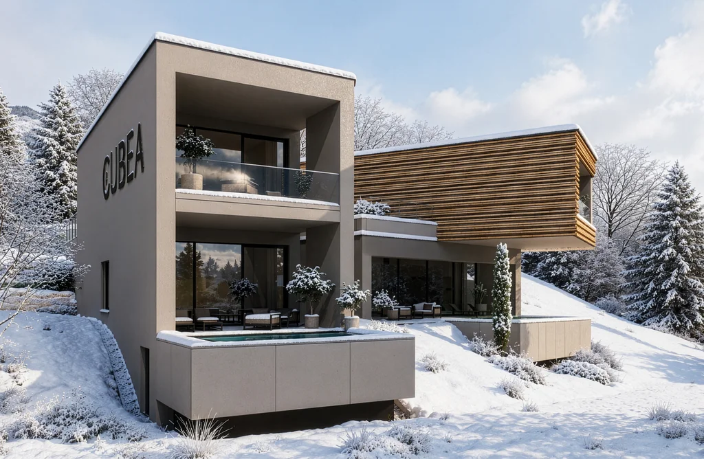 Turm 2 Modernes Haus mit Terrasse und Holzfassade im verschneiten Winterwald