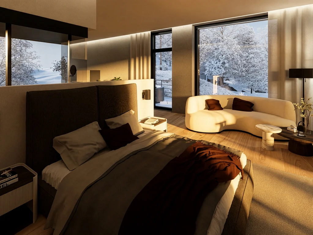 Modernes Schlafzimmer mit großem Bett und Blick auf verschneite Landschaft
