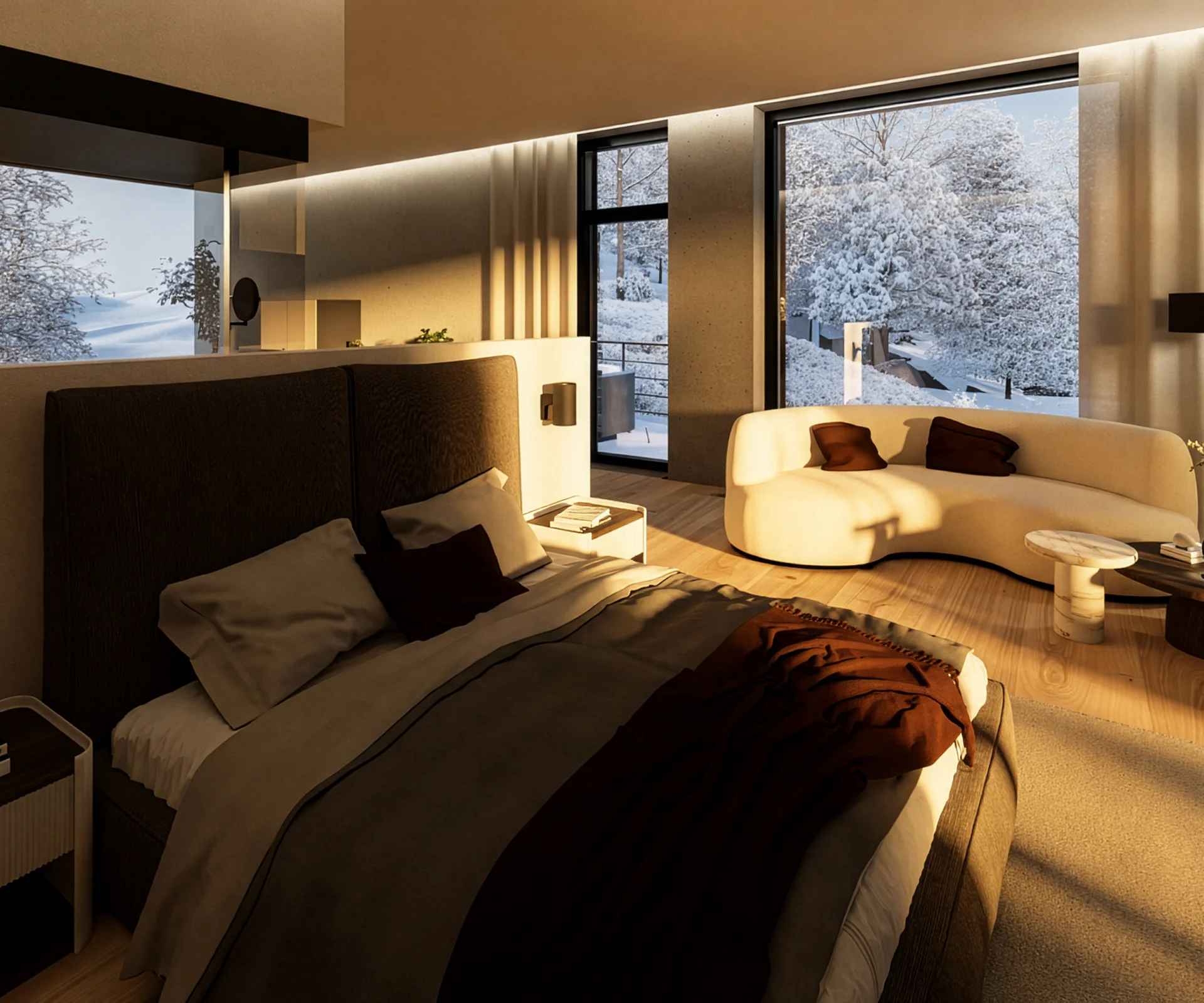 Wald 1 Modernes Schlafzimmer mit großem Bett und Blick auf verschneite Landschaft
