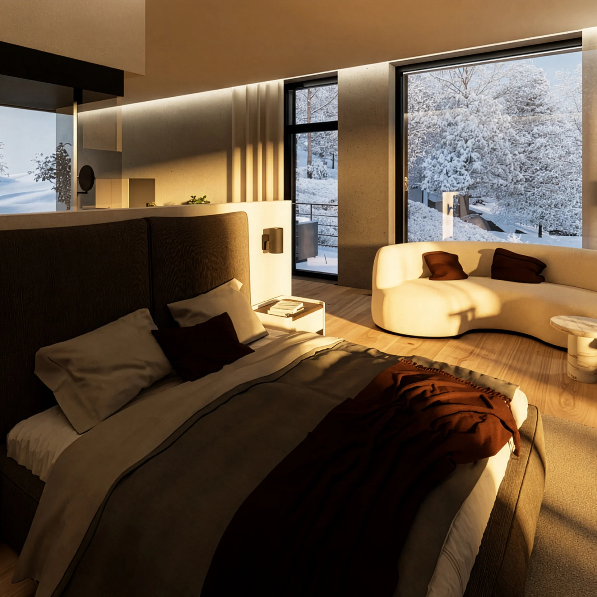 Modernes Schlafzimmer mit großem Bett und Blick auf verschneite Landschaft
