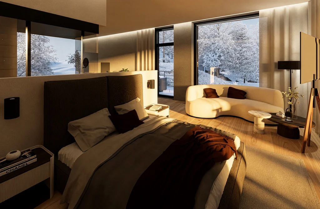 Wald 1 Modernes Schlafzimmer mit großem Bett und Blick auf verschneite Landschaft