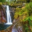 Wasserfall in einem bewaldeten felsigen Tal mit grünem Moos
