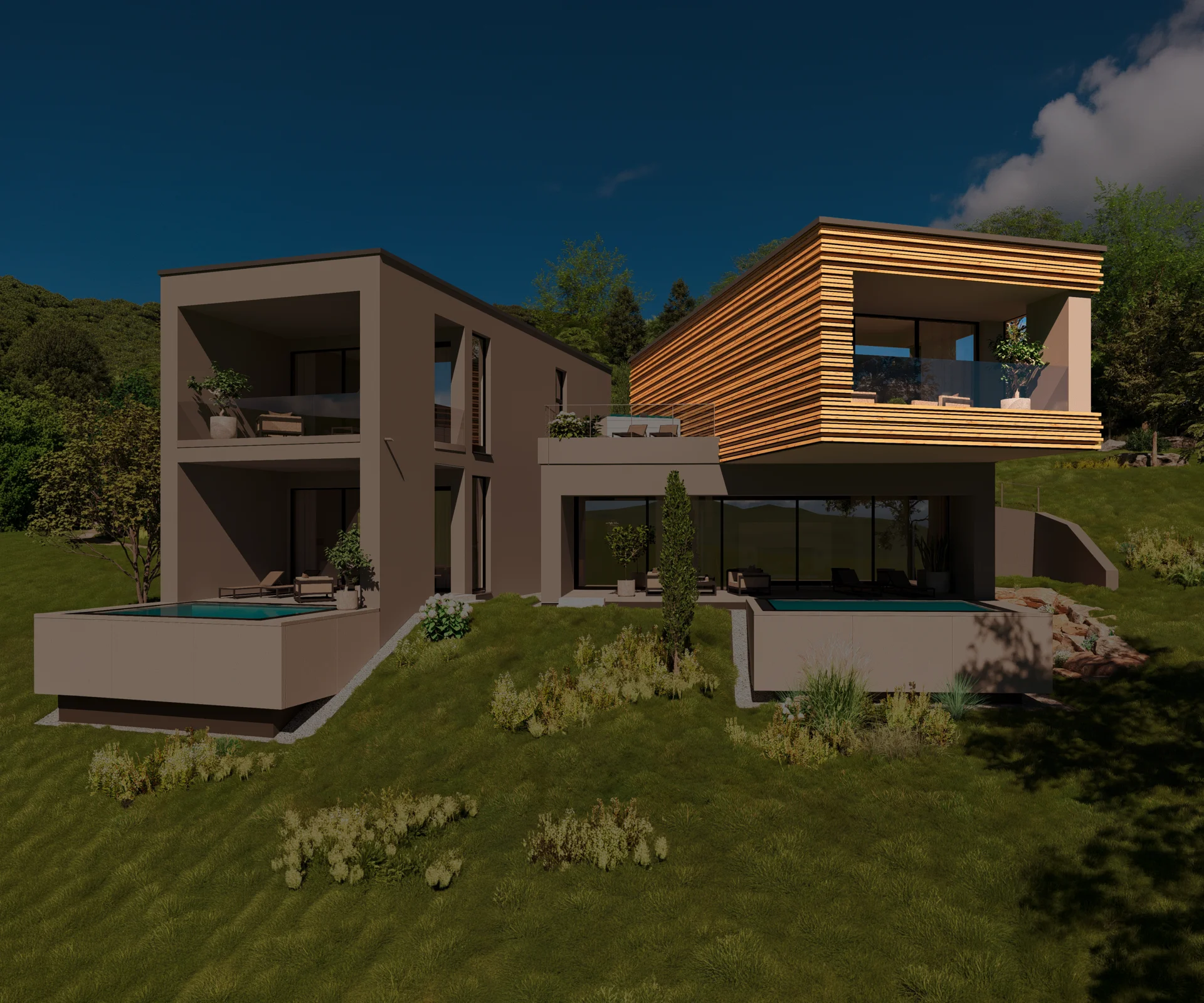 Wald 1 Modernes Haus mit Holzverkleidung und Pools auf einem grünen Hügel