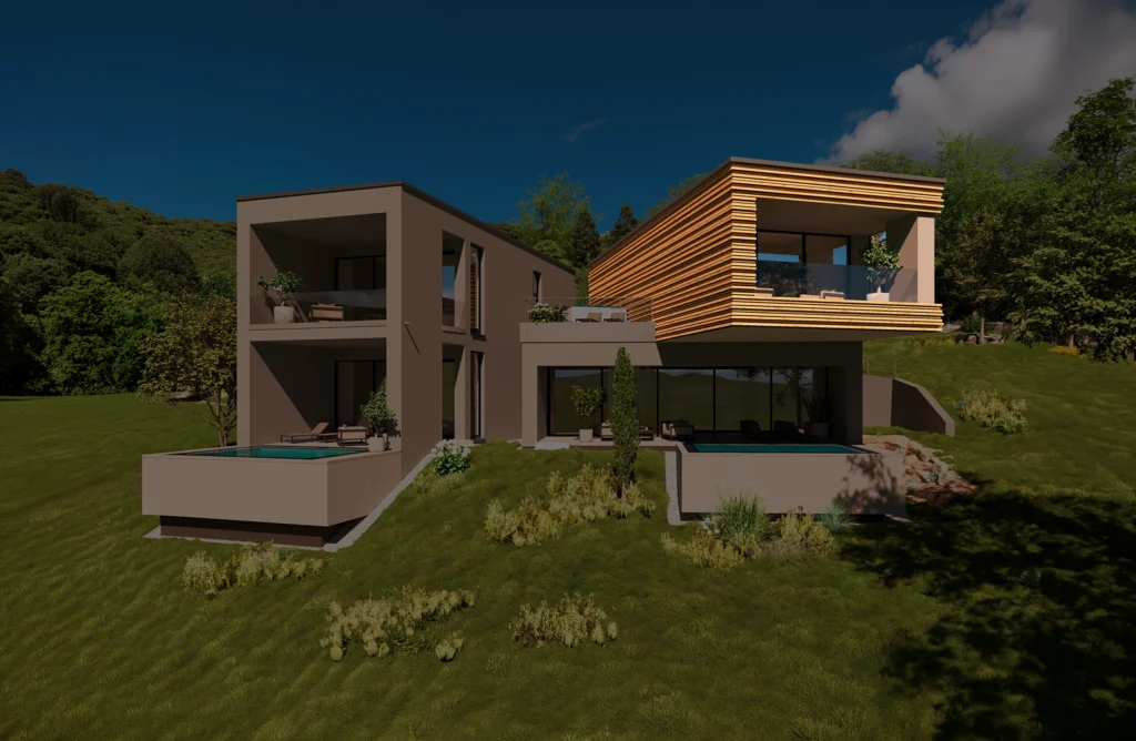 Wald 1 Modernes Haus mit Holzverkleidung und Pools auf einem grünen Hügel