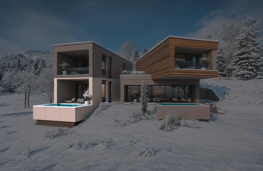 Turm 2 Modernes Haus mit zwei Pools in verschneiter Winterlandschaft