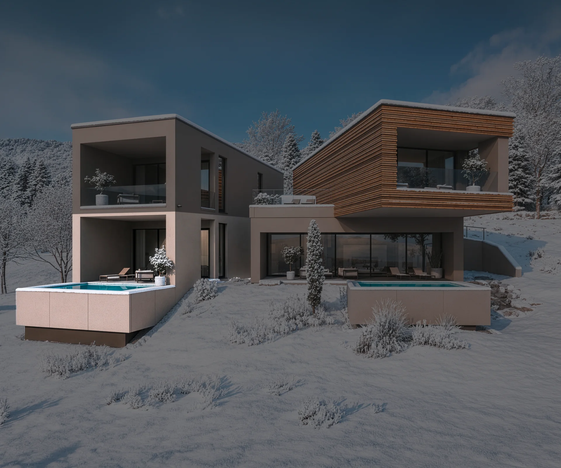 Turm 2 Modernes Haus mit zwei Pools in verschneiter Winterlandschaft