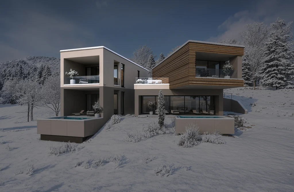 Modernes Haus mit zwei Pools im verschneiten Winterwald