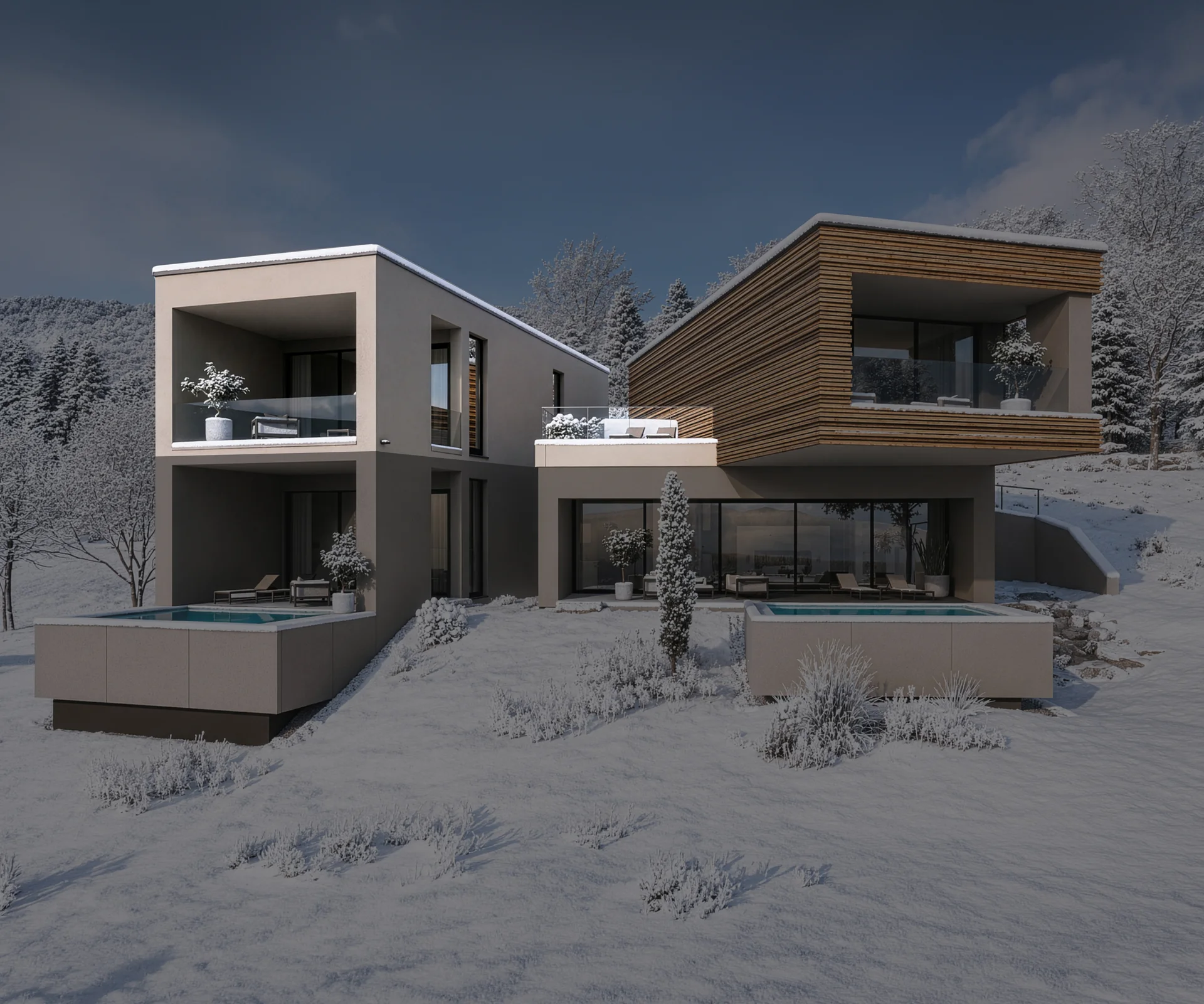 Modernes Haus mit zwei Pools im verschneiten Winterwald