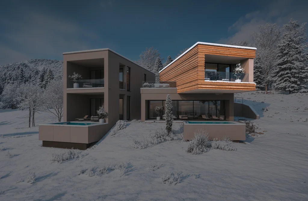 Wald 1 Modernes Haus mit Holzakzenten und zwei Pools im verschneiten Winterwald