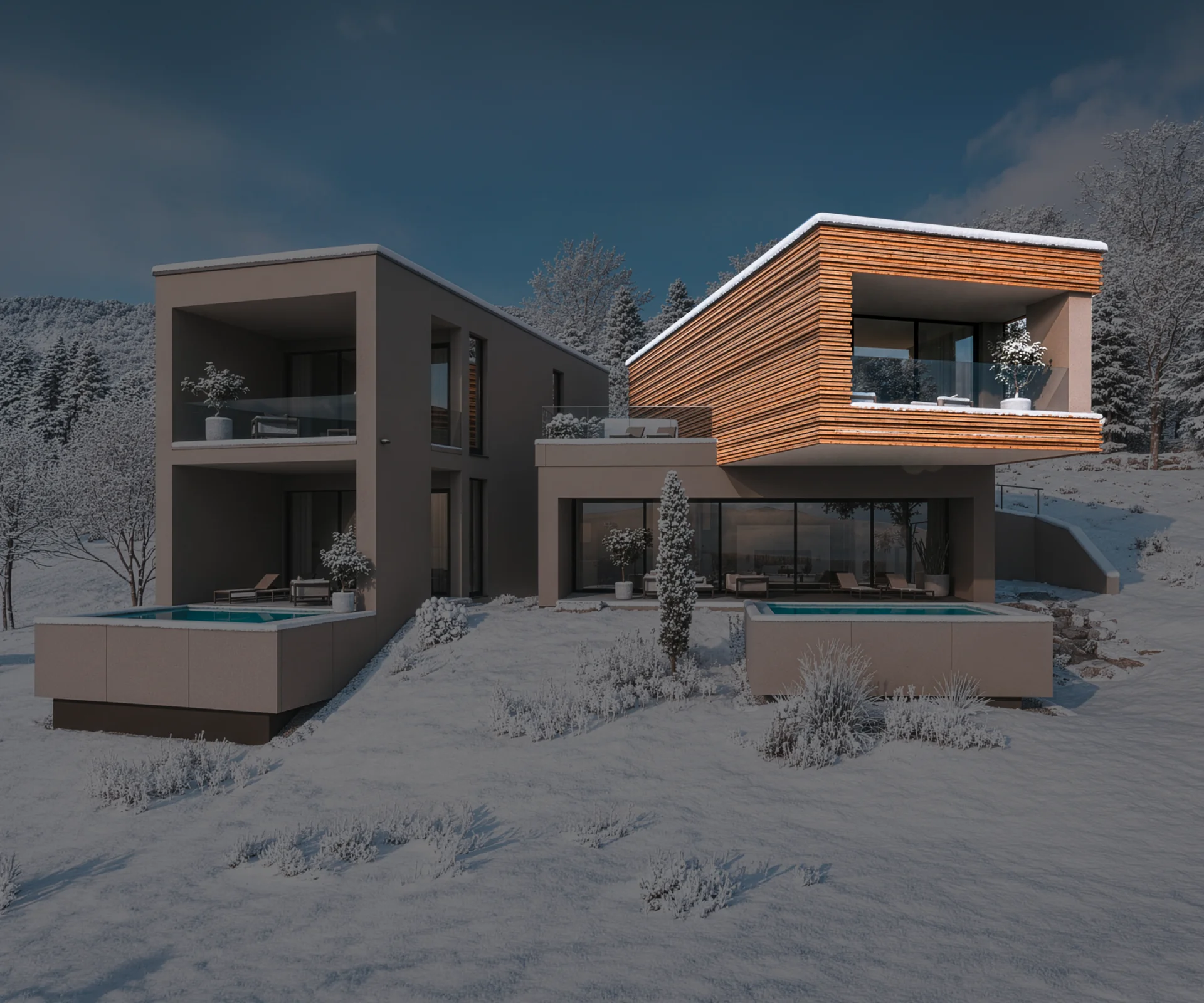 Wald 1 Modernes Haus mit Holzakzenten und zwei Pools im verschneiten Winterwald