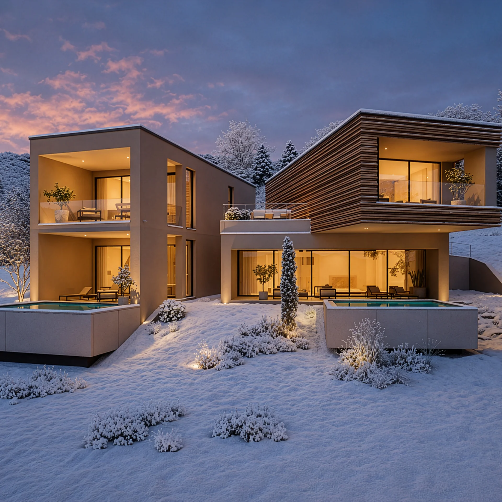 Modernes Haus mit beleuchteten Fenstern und Schnee im Garten bei Abenddämmerung