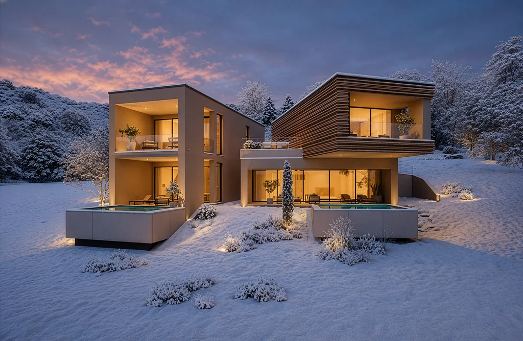 Turm 2 Modernes Haus mit beleuchteten Fenstern und Schnee im Garten bei Abenddämmerung