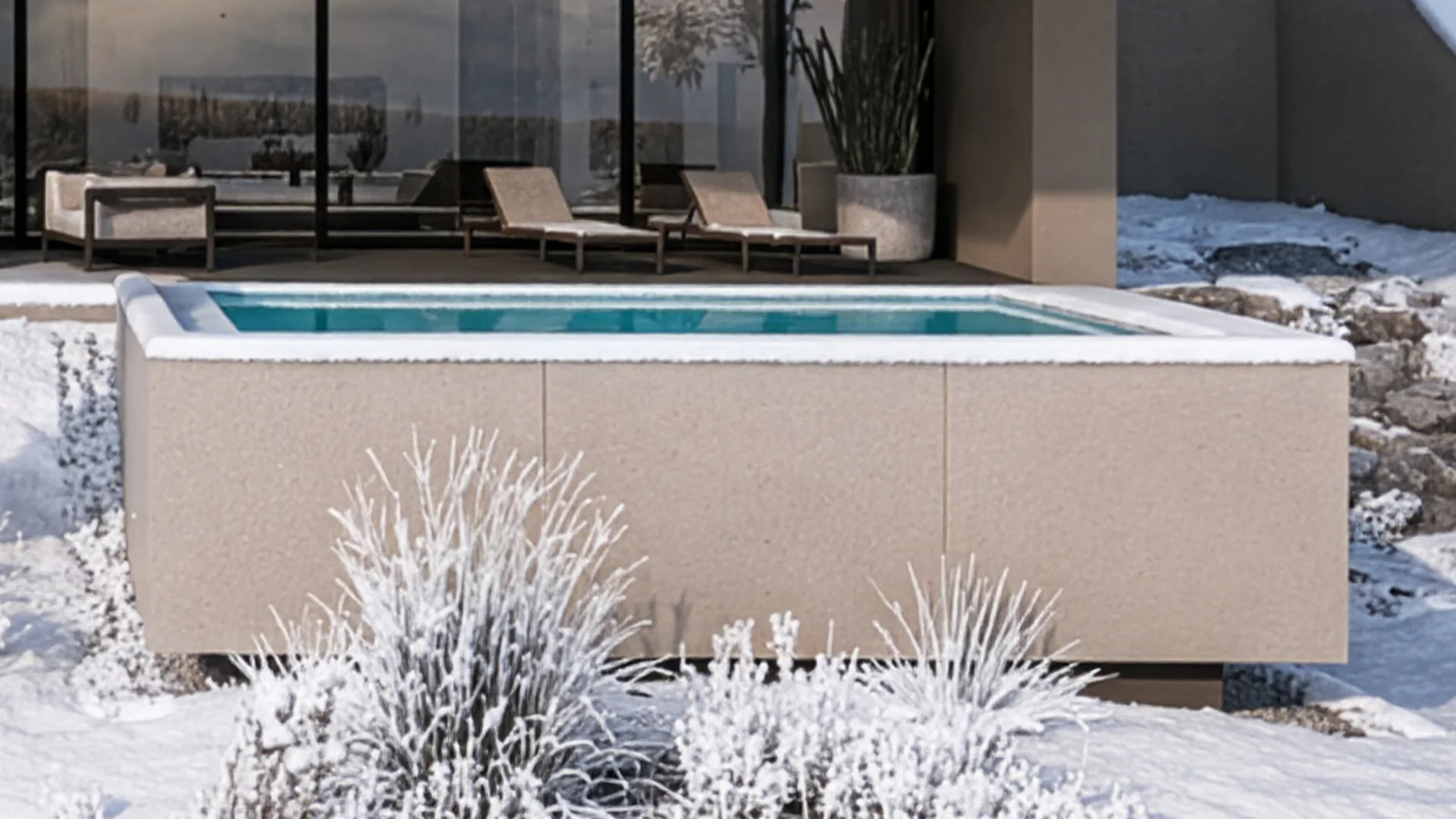 Modernes Haus mit zwei Pools in verschneiter Winterlandschaft