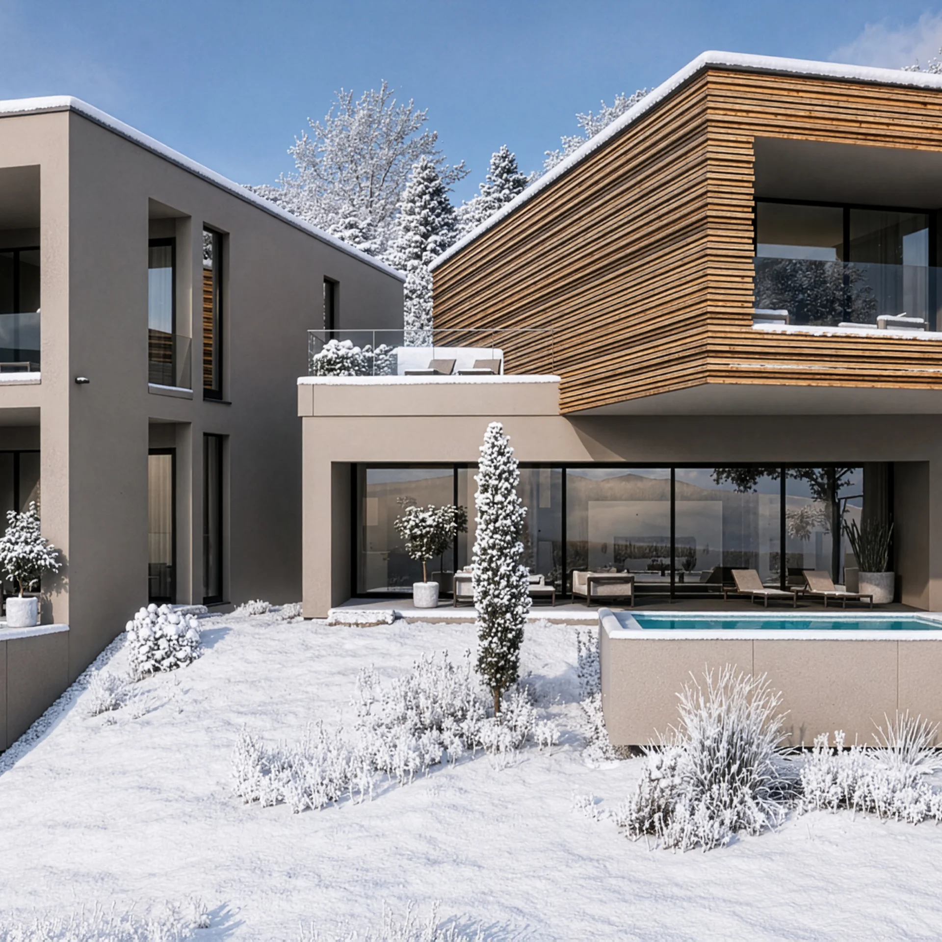 Modernes Haus mit zwei Pools in verschneiter Winterlandschaft